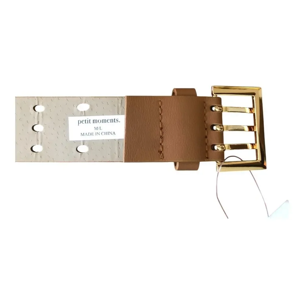 Petit Moments Tan Leather Belt Gold Buckle Perforated Women’s M L NWT Chic